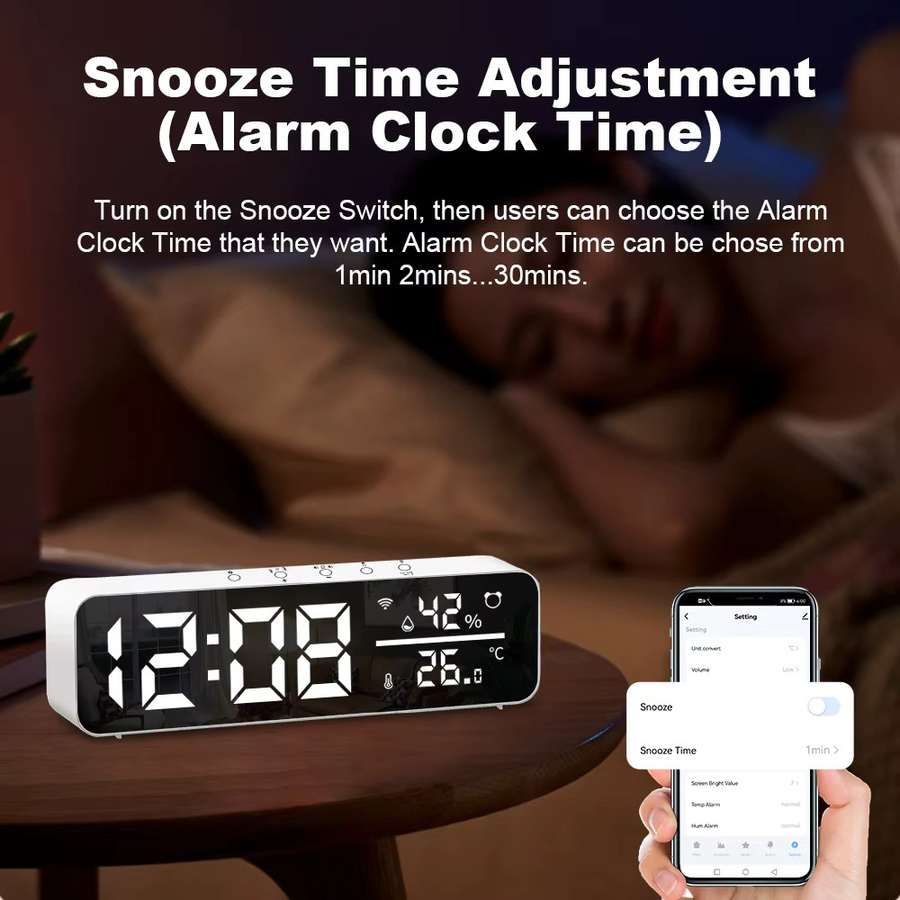 Tuya WiFi Smart Wecker mit Temperatur- und Feuchtigkeitssensor, LED-Display, Green, Smart Life App Steuerung, kompatibel mit Alexa und Google Home - Bild 5
