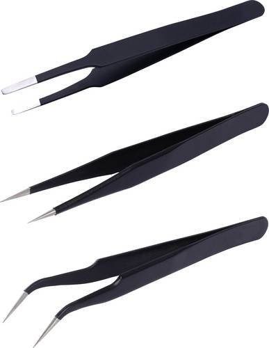 Quadrios ESD Pinzette aus Edelstahl in Schwarz mit Spitz-, Flach- und Sichelspitze - Bild 1