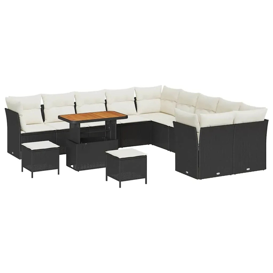 vidaXL Garten-Sofa-Set 13-teilig aus Poly-Rattan und Akazienholz in Schwarz-Creme mit Polsterung und Tisch in U-Form - Bild 2