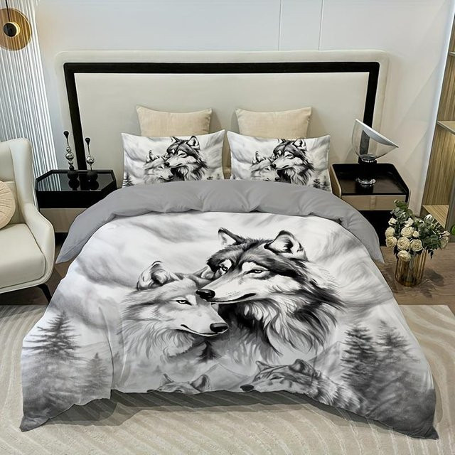 3-teiliges Bettwäsche-Set Binchi mit Tusche-Wolf-Motiv in Grau, bestehend aus 1 Bettbezug und 2 Kissenbezügen aus Polyester, B/H: 168 x 229 cm - Bild 1