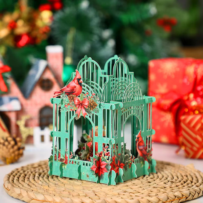 Weihnachtsstern 3D Box Mosailles mit Cardinalis Vogel in Grün, Vintage Papier-Dekoration mit Sternen und floralen Elementen - Bild 3