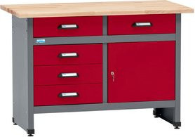 Küpper Werkbank mit 5 Schubladen und Tür in Rot und Grau, B/T/H: 120 x 60 x 84 cm - Bild 1