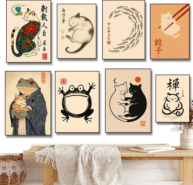 Potdemiel Leinwanddruck Wanddekoration mit Japanischem Tattoo-Motiv Katze Frosch Yin-Yang und Ramen-Schüssel in Mehrfarbig - Bild 1