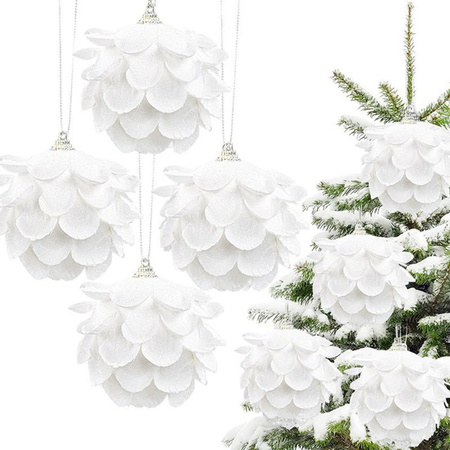 CYZIWEIN Weihnachtskugel-Hängeornament in Weiß mit glitzernden Blumen- und Tannenzapfen-Details, Durchmesser: 8 cm