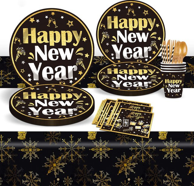 Einweg-Partygeschirr-Set für Silvester 2026 mit Papptellern und Servietten - Bild 1