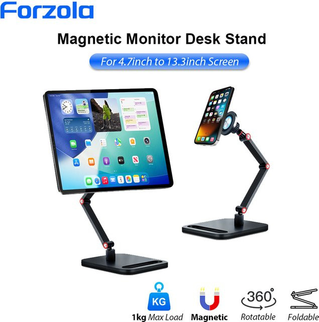 FORZOLA Verstellbarer Magnetischer Ständer für Monitore, Handys und Tablets in Schwarz, Klappbarer Aluminiumarm als Schwenkbarer Schreibtischständer - Bild 1