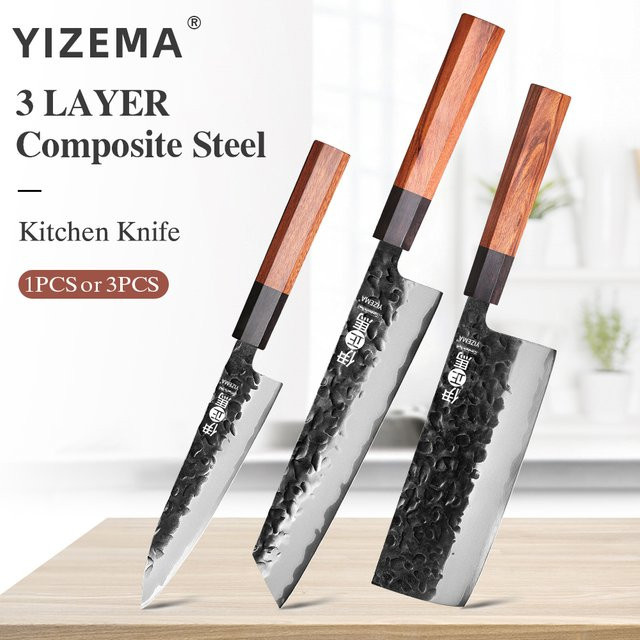 YIZEMA Japanisches Küchenmesser Set aus Verbundstahl in Silber mit Nakiri, Kiritsuke und Bunka Messern - Bild 1
