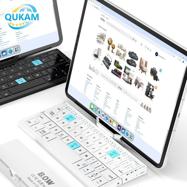 Qukam Mini Wireless Folding Bluetooth Tastatur mit Tablet Ständer für Android, iOS, iPad, Smartphone und PC, Schwarz oder Weiß - Bild 1