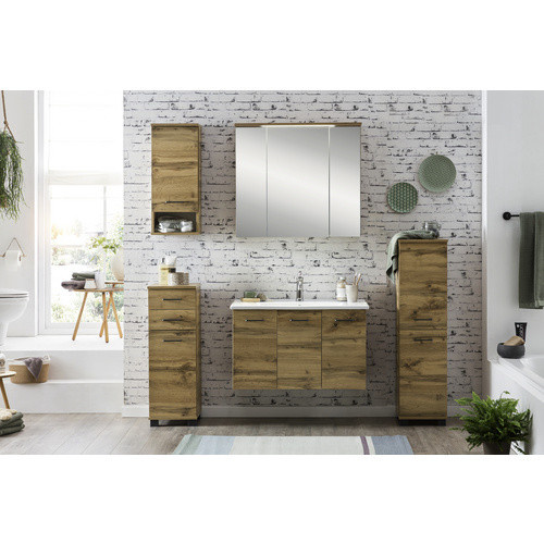 Schildmeyer Spiegelschrank Nora, 3-türig mit LED-Beleuchtung und Regalen, Eiche braun, B/H/T: 80,5 x 71 x 16 cm - Bild 2