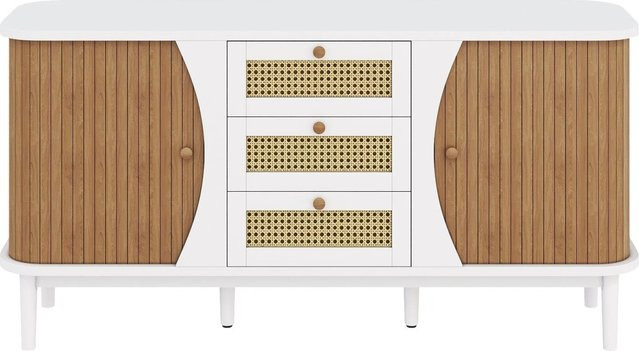 okwish Sideboard mit Schiebetüren und Rattan in Weiß, B/T/H: 140,5 x 40 x 76 cm - Bild 1