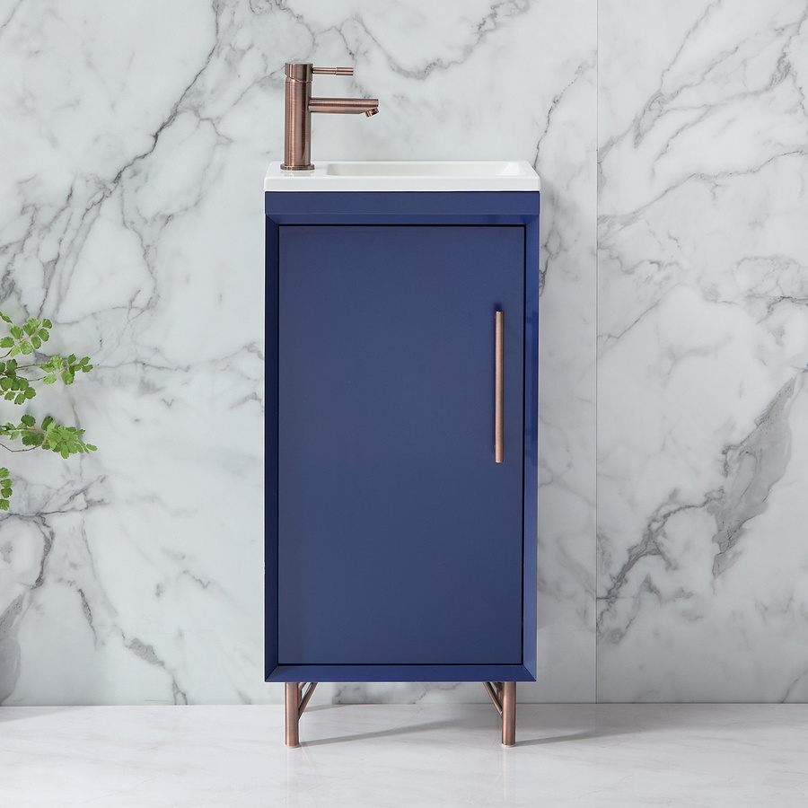 Waschtischunterschrank mit Waschbecken HudsonReed Edge Dunkelblau Matt mit Soft-Close-Türen und Griffen in gebürsteter Bronze Breite: 40 cm - Bild 1