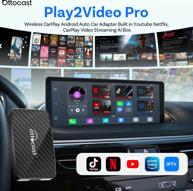 Ottocast Play2Video Pro Wireless CarPlay und Android Auto Dongle Multimedia AI TV Box in Schwarz - Bild 1