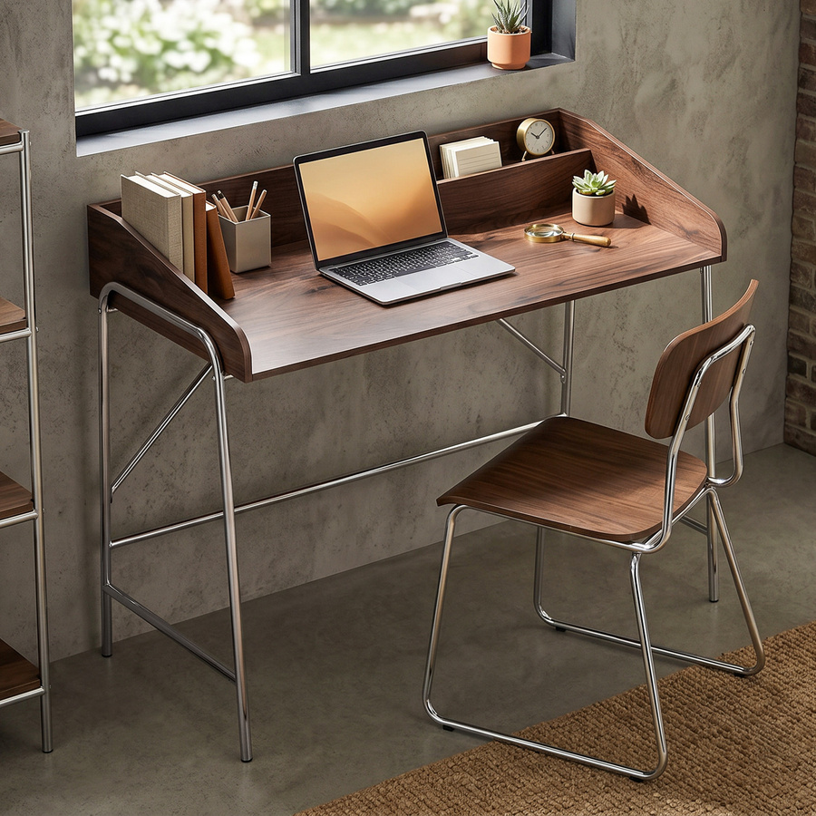 HOMCOM Schreibtisch mit Metallgestell und Sicherheitsrand, moderner Computertisch für Homeoffice oder Studium, Farbe: Nussbaum, B: 104 cm, T: 55 cm, H: 75 cm - Bild 2