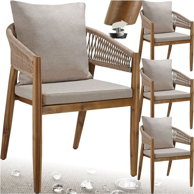 tectake Gartenstuhl Manacor aus lasiertem Akazienholz mit Arm- und Rückenlehne im Ropedesign, Sand/Beige, inklusive abnehmbarer wetterfester Polyesterkissen - Bild 1