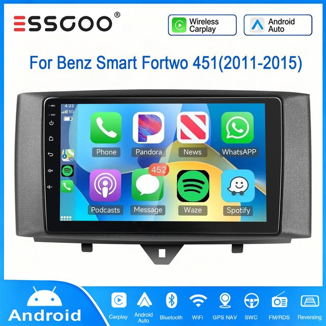 ESSGOO 9-Zoll Android 15 Autoradio für Smart Fortwo 451 (2011-2015) mit GPS-Navigation, Bluetooth, WLAN, Carplay und DAB in Schwarz - Bild 1