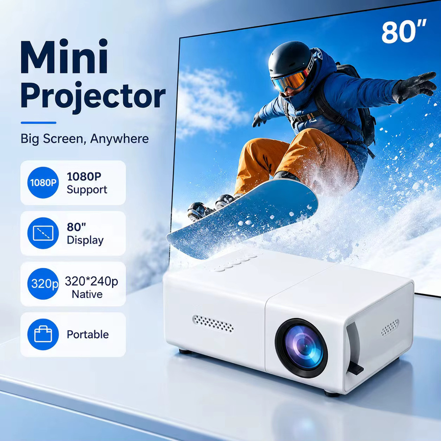 ZNLYRION Tragbarer LED-Projektor in Weiß mit 80-Zoll-Display und 1080P-Unterstützung für Heimkino mit Telefon, TV-Stick oder Laptop - Bild 2