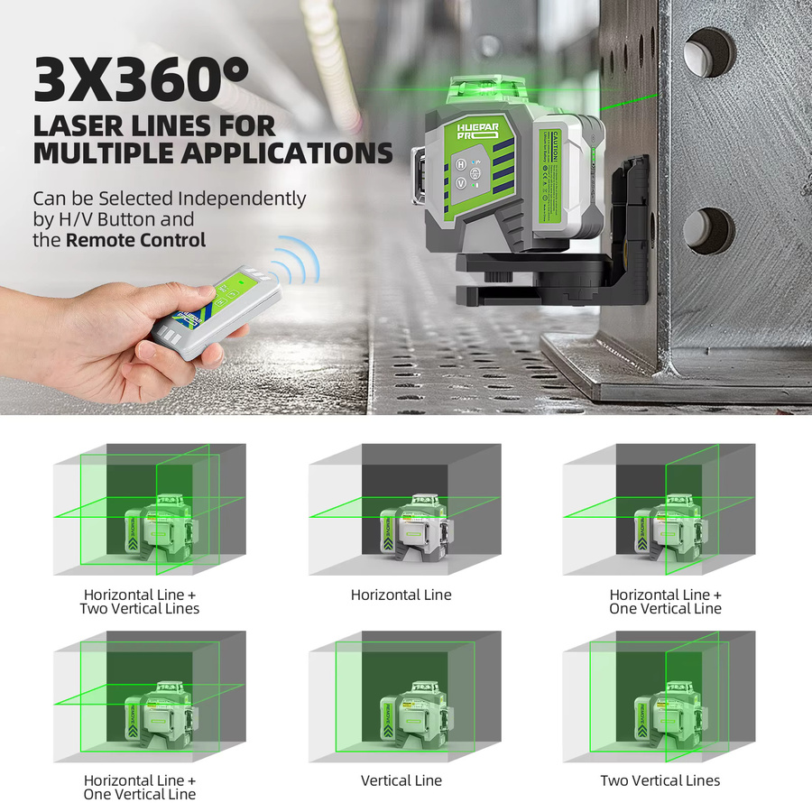 Huepar ZK03CG-L Laser-Wasserwaage mit 12 Kreuzlinien, selbstnivellierend, Genauigkeit ±2 mm/10 m, inklusive 8000 mAh Li-Ionen-Akku und Fernbedienung - Bild 4