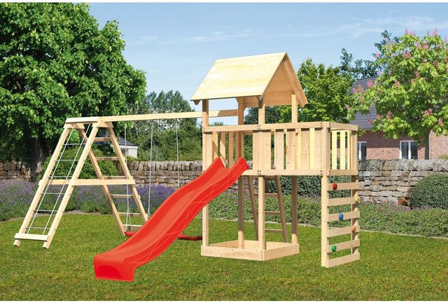 Karibu Spielturm Lotti Doppelschaukel mit Kletterwand und Rutsche Rot - Bild 1