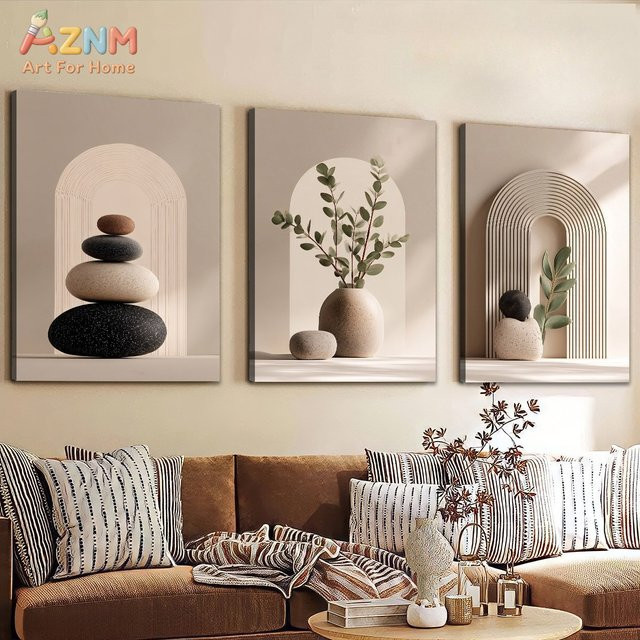 AZNM Boho Wandkunst Leinwanddruck mit Eukalyptus und Steinstapel in Beige, minimalistische botanische Wabi-Sabi Ästhetik - Bild 1