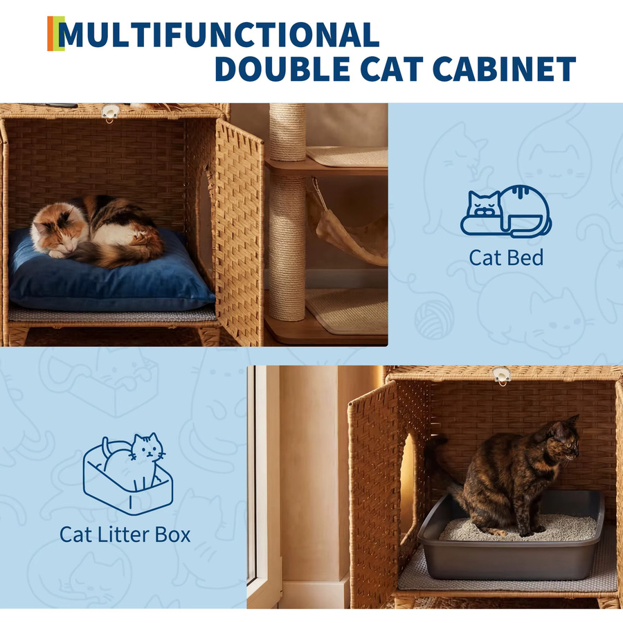HiMISS Katzenklo-Möbel aus handgeflochtenem Rattan in Grau mit Tür und Matte im Boho-Stil - Bild 4