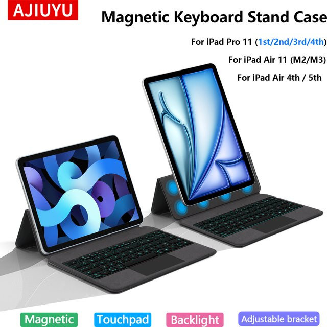 AJIUYU Magnetische Schutzhülle mit hintergrundbeleuchteter TouchPad-Tastatur für iPad Pro 11 Zoll (1. bis 4. Generation) und iPad Air 11 Zoll M2/M3 sowie iPad Air 4/5 10,9 Zoll in Grau - Bild 1