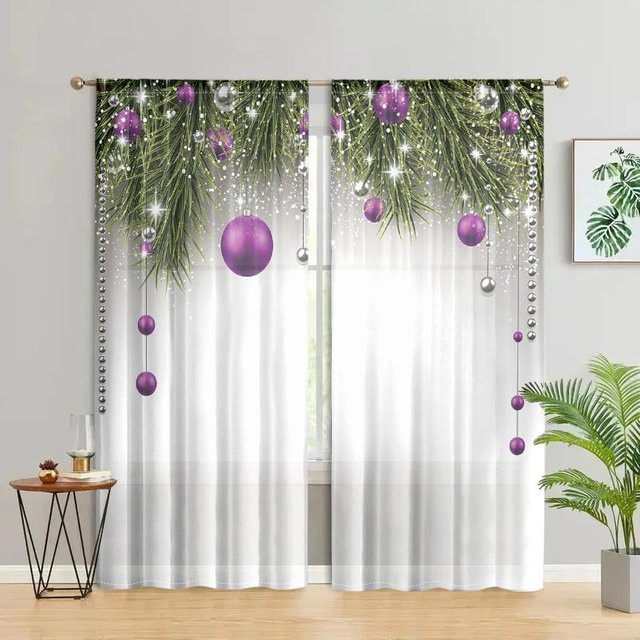2er-Set Weihnachts Vorhänge mit Weihnachtsbaum- und Kugelaufdruck in Weiß, semi-transparent, Breite: 150 cm, Höhe: 166 cm - Bild 1