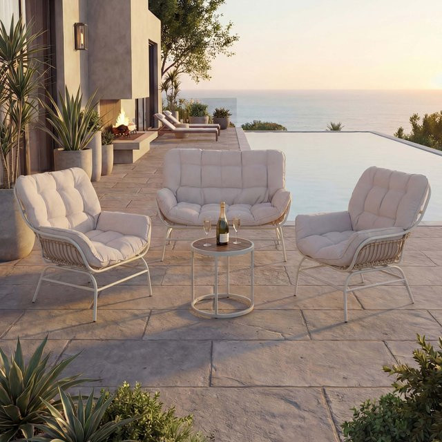 MCW Lounge-Set P75 Gartengarnitur aus Poly-Rattan und Metall in Hellgrau mit beigen Polstern - Bild 1
