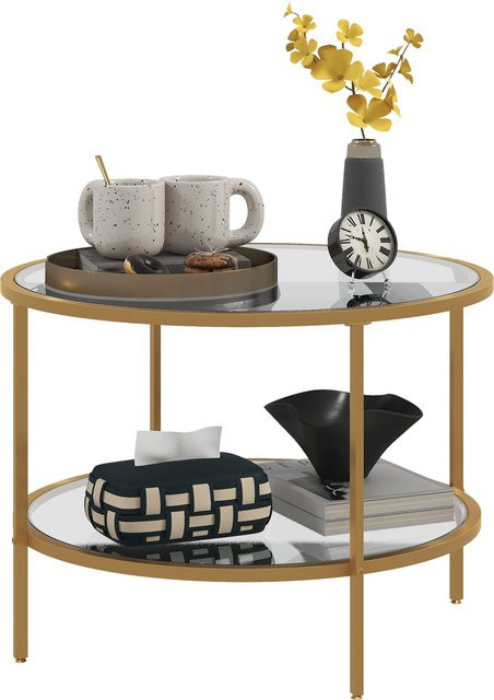 HOMCOM Beistelltisch Rund mit Ablage und Stahlrahmen in Gold, moderner Couchtisch mit gehärtetem Glas für Wohnzimmer und Schlafzimmer, Durchmesser: 60 cm, Höhe: 43 cm - Bild 1