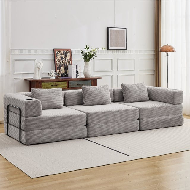 Vankel 3-Sitzer Schlafsofa aus Cord in Grau, faltbare Bodencouch und umwandelbares Bett für Erwachsene - Bild 1