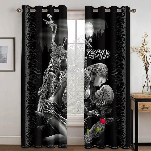 Yiran Furniture Halloween Vorhang mit Skelett- und Totenkopf-Motiv, 2er-Set, Schwarz, B: 50 cm, H: 130 cm - Bild 1