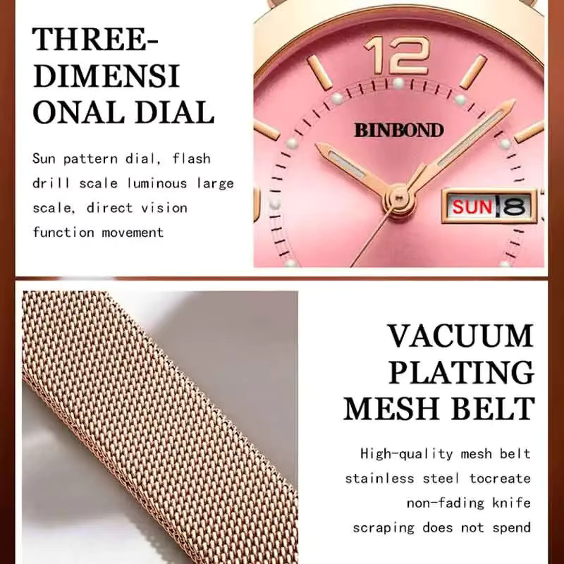 BINBOND Armbanduhr Damen, Quarz, Edelstahl, Roségold, Milanaise, Datum - Bild 4