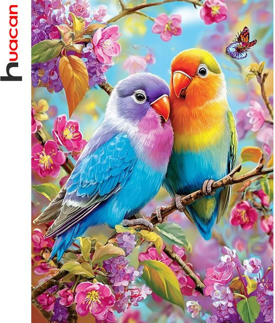 Huacan Diamantmalerei Vögel und Pflaumenblüten als Diamantmosaik mit bunten Strasssteinen, B/H: 30 x 20 cm - Bild 1