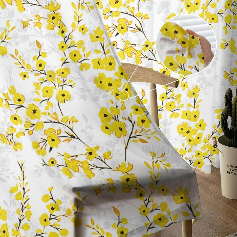 Yiran Furniture Transparente Vorhänge mit gelbem Blumen-Aquarell-Muster aus Organza und Tüll, Breite: 135 cm, Höhe: 115 cm - Bild 1
