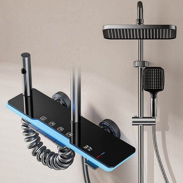 Badezimmer-Duschset mit LED-Temperaturanzeige und Klaviertasten in Schwarz-Grau inklusive Regenduschsystem und Wasserhahn - Bild 1