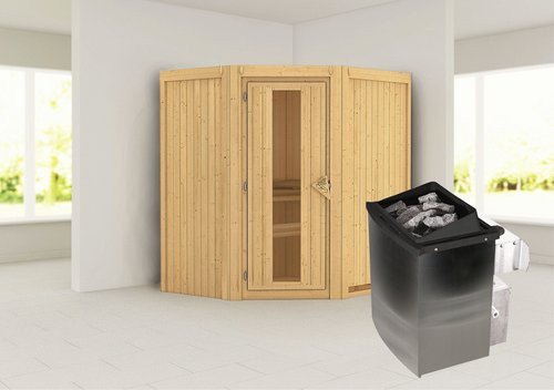 Karibu Sauna Narva aus Fichtenholz mit 9 kW Saunaofen und integrierter Steuerung für 3 Personen, beige - Bild 1