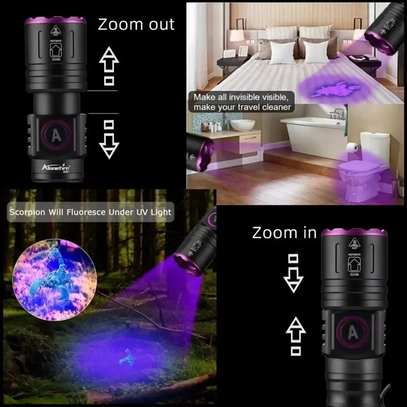 KDULIT 395/365 UV-Taschenlampe aus Aluminiumlegierung, wiederaufladbare USB-Taschenlampe mit Zoomfunktion als Detektor für Haustier-Urinflecken und zur Harzhärtung - Bild 4