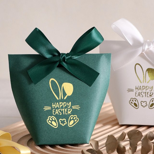5 Stück Mini-Geschenkboxen für Ostern mit Hasen- und Pfotenabdruck in Grün und Goldfolie - Bild 1