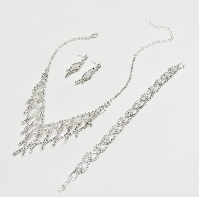 Schmuckset Damen, Silber, Kupfer, Perle, Zirkonia, Halskette, Armband, Ohrringe - Bild 1