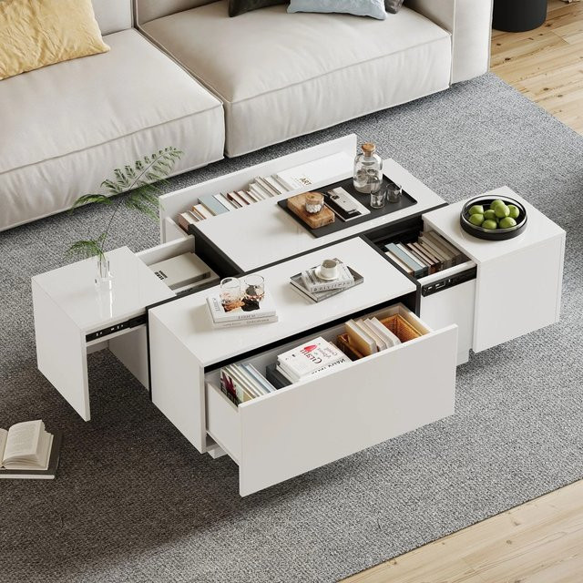 Merax Couchtisch in Weiß mit Hochglanz-Finish, Marmoroptik und 4 Schubladen, B/T/H: 60 x 40 x 30 cm - Bild 1