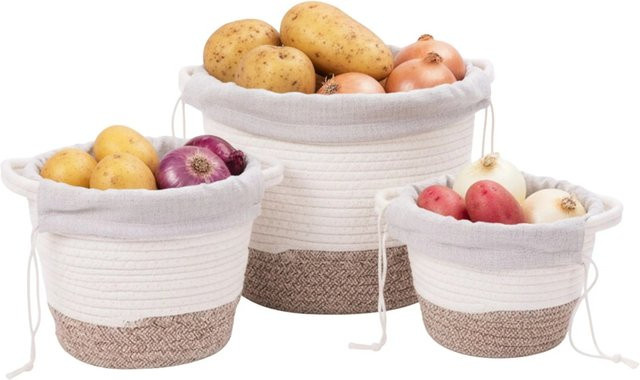 Relaxdays Kartoffelaufbewahrung aus Baumwolle und Polyester, Weiß, 3er Set, B/T/H: 23 x 23 x 23 cm - Bild 1