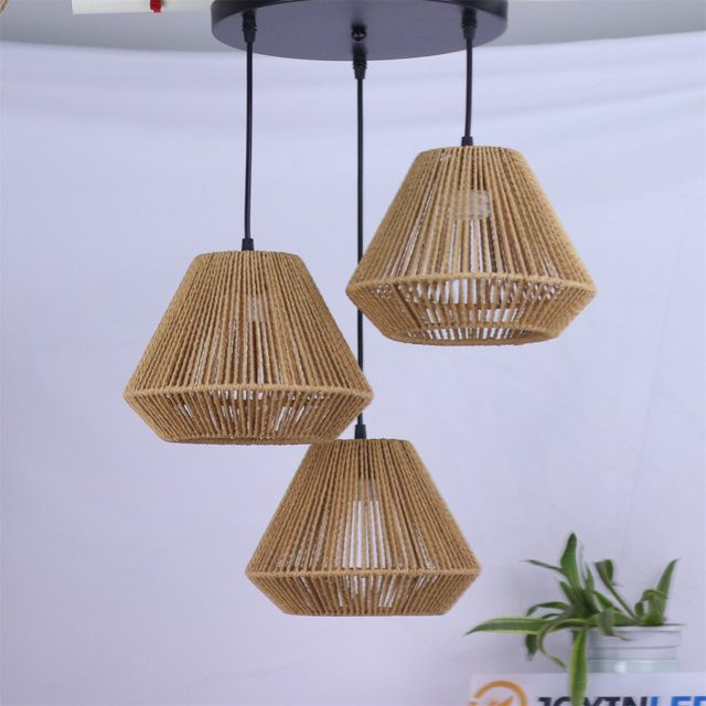 JOYINLED Boho-Stil Pendelleuchte aus Rattan und Hanfseil in Beige und Schwarz, handgefertigte Nachttisch-Hängelampe für das Schlafzimmer - Bild 1