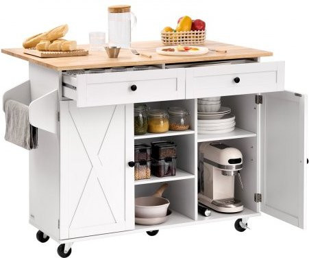 VEVOR Kücheninselwagen in Weiß mit Massivholzplatte aus Gummiholz, mobiler Servierwagen mit Klappplatte, Lagerschrank, Schubladen und Gewürzregal, Breite: 132 cm