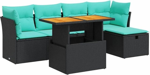 vidaXL 6-teilige Garten-Sofagarnitur aus Poly-Rattan in Schwarz mit blauen Polsterkissen und L-Form - Bild 1