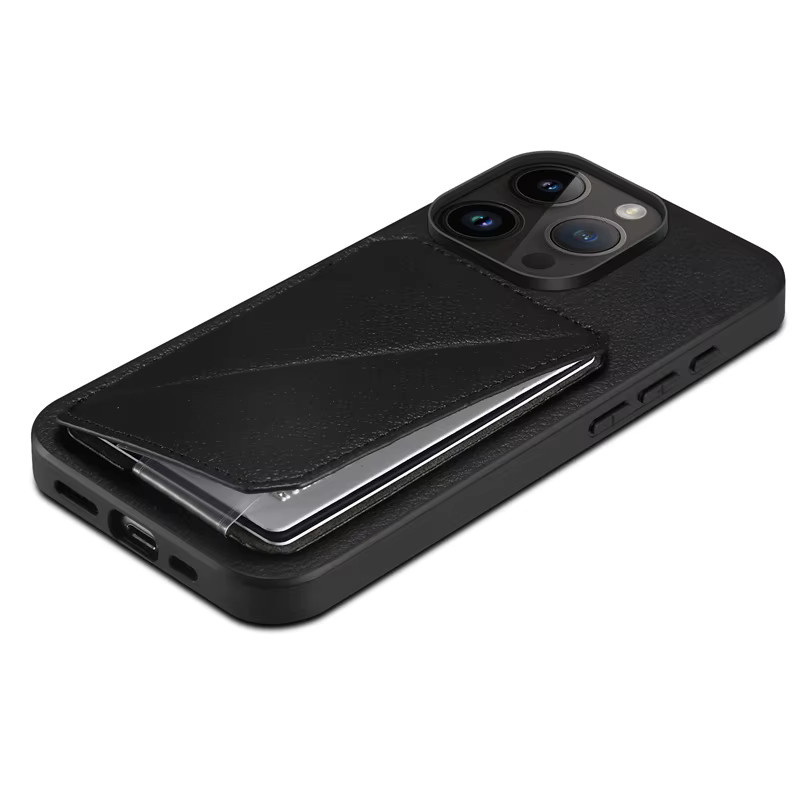 Denior Handyhülle aus Imitation Rindsleder für iPhone 15/14/13/12 Pro Max und weitere Modelle, Schwarz, mit Kartenfach und stoßfester Einlage - Bild 4
