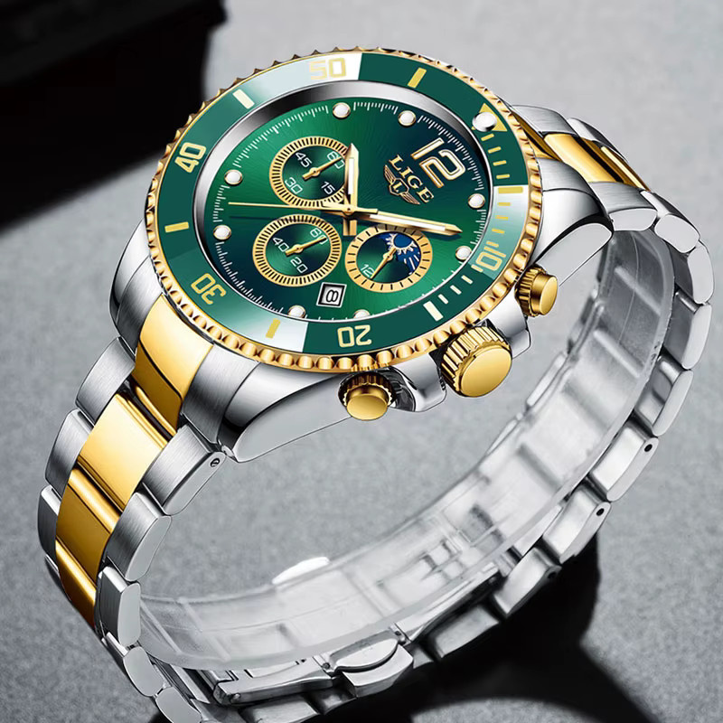 LIGE Chronograph Armbanduhr, Quarz, Edelstahl, Grün, Herren - Bild 3
