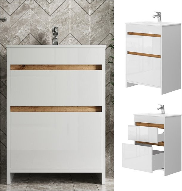 Vicco Badmöbel-Set Detmold Waschbecken mit Unterschrank in Weiß glänzend, Breite: 60 cm - Bild 1