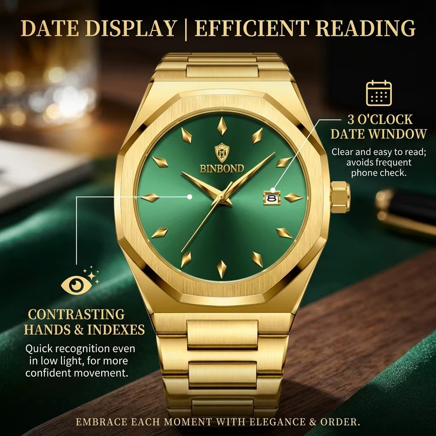 BINBOND Armbanduhr Edelstahl, Gold, grünes Zifferblatt, Quarz, Herren - Bild 2