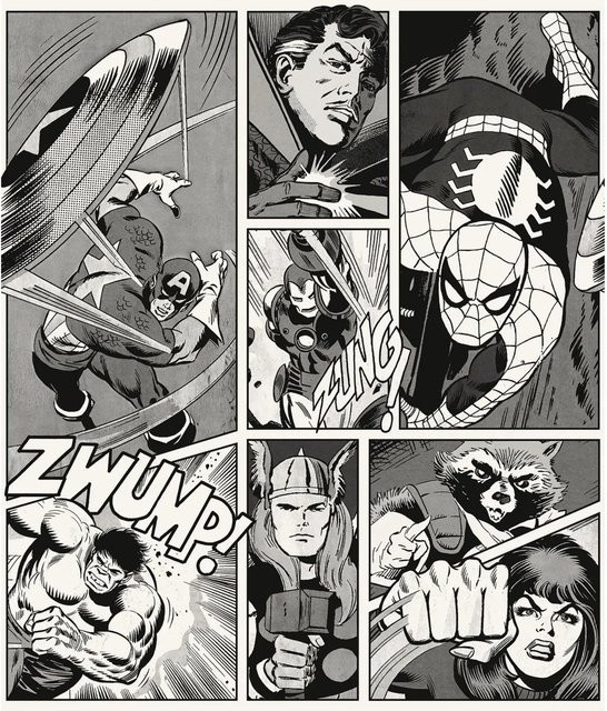 Komar Vinyl-Fototapete Marvel Classic Comic in Schwarz-Weiß, Breite: 250 cm, Höhe: 212 cm - Bild 1