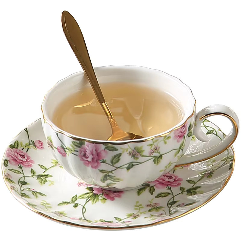 Kaffee- und Teetassen-Set mit Teller in Schwarz und Gold im ländlichen Stil mit floralem Design - Bild 3