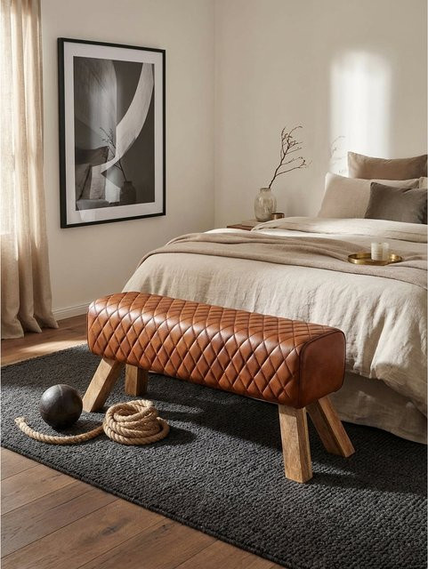 KADIMA DESIGN Sitzbank aus Leder und Massivholz in Braun mit Rautenmuster im Turnbock-Design, B/T/H: 89 x 46 x 35 cm - Bild 1